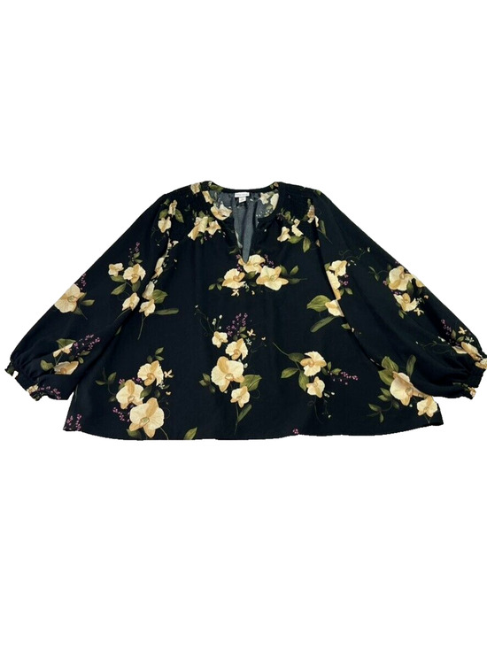 Ava & Viv Tops - Ava & Viv Blouse Top Women's Plus Size 3X Black Floral V-Neck Smocked Popover